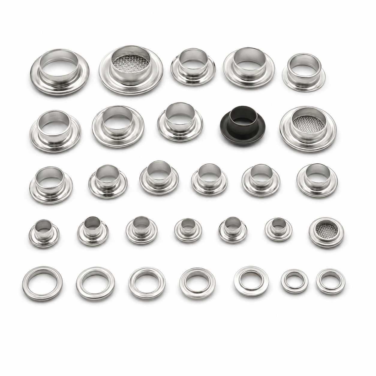 hole eyelets, Hole eyelets in multiple sizes are arranged in rows with matching washers and mesh inserts on a white background.